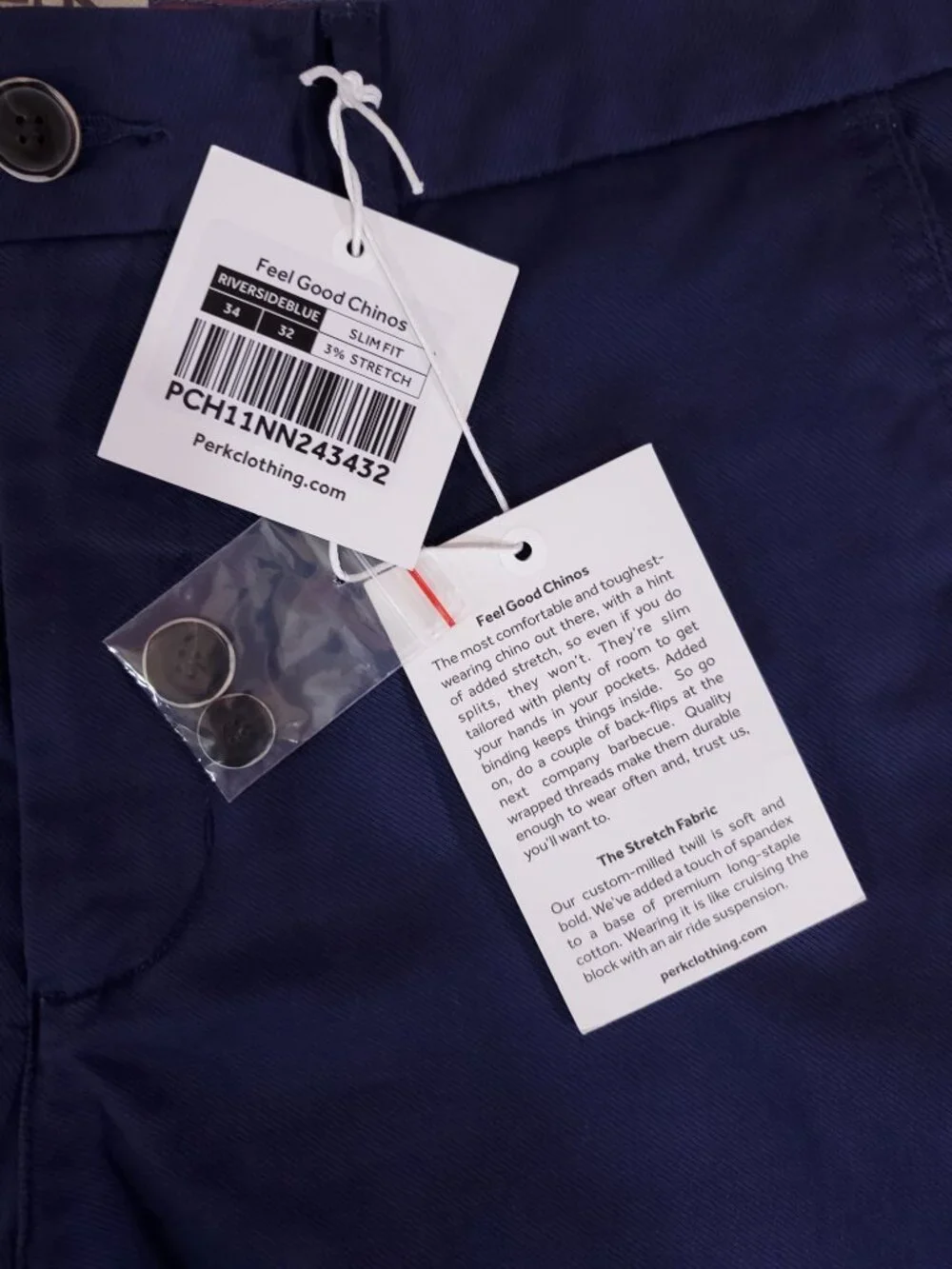 NWT Perk Clothing Feel Good Chino Mens 34x32 (31.5 Inseam) Slim Fit Stretch Navy